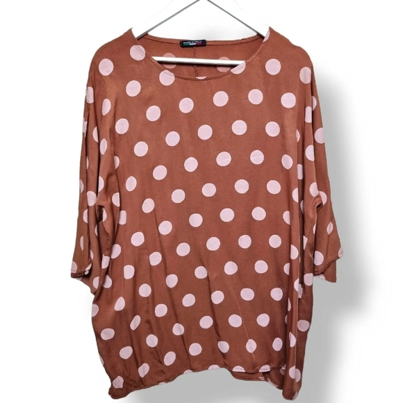 Made In Italy Top Lagenlook One Size Brown Pink Polka Dot Short Sleeve Oversized - Picture 2 of 8